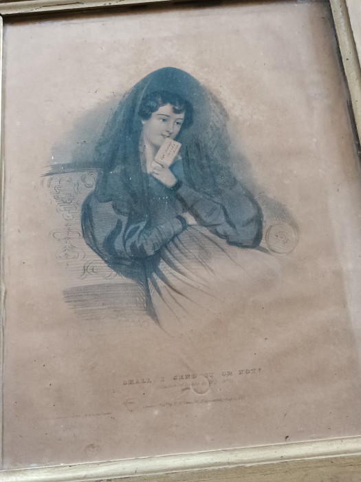 French Brocante - For Sale - Charming Original Late Georgian Romantic Print Description: <p>Charming late Georgian, dark with age, lithograph print with the title Shall I Send or Not, printed in London 1833 but in a french frame. The frame is the original as you can see from the backing paper and inside there are a couple of fragments of old newspapers in French. In her hand is clutched a letter to a Captain, one for the romantics</p>
