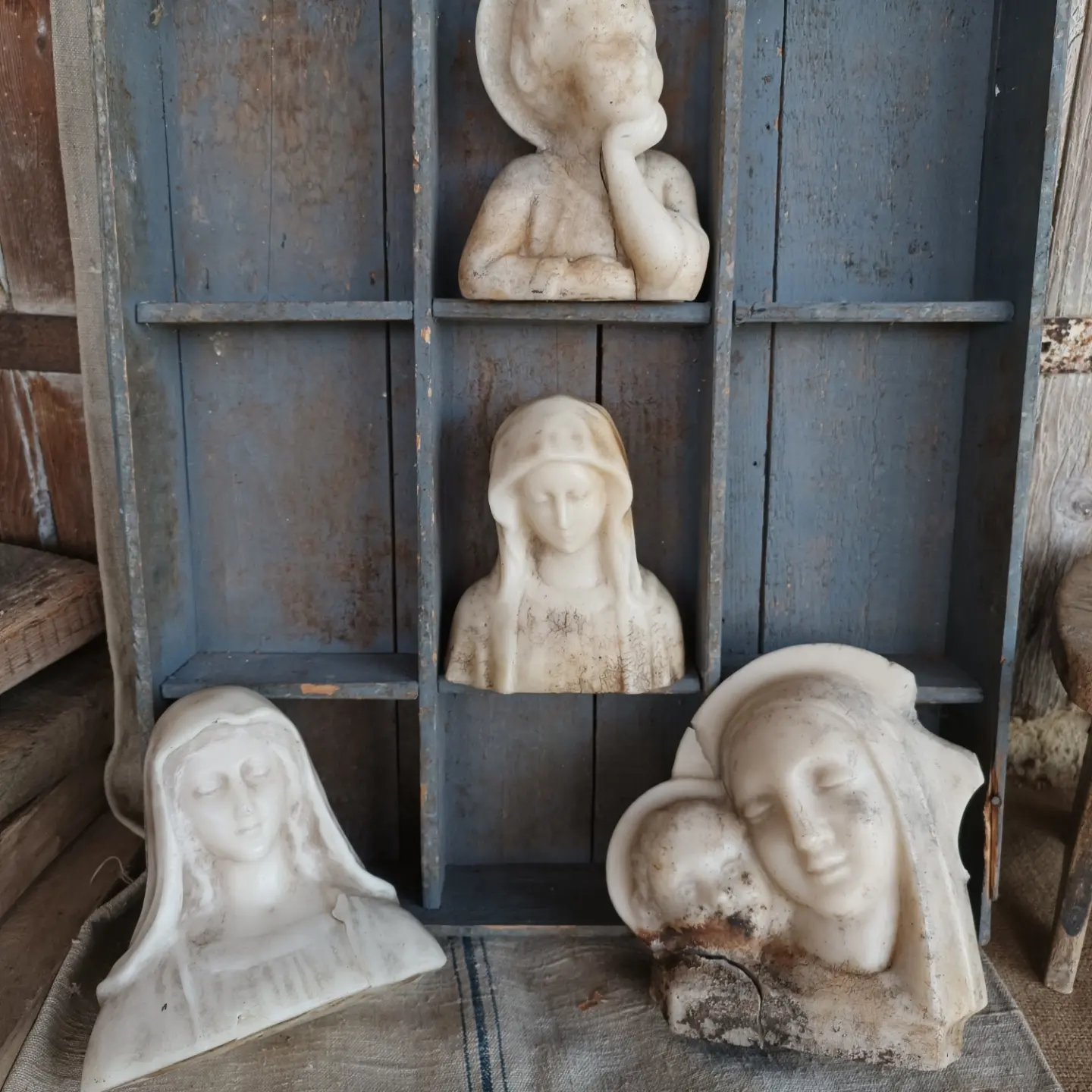 French Brocante - For Sale - 19th century Lourdes souvenir wax bustsDescription: <p>Four rare survivors, I believe these are Lourdes souvenirs, they date from the 19th century and are poured wax heads stuffed with wood straw, the two busts are our lady of Lourdes, the others, a cherub chin resting on hand *SOLD* and mother and child<br />
All have a bit of damage, crack and wax missing and dirt which I think adds to their faded charm, I have gently wiped away some dirt, you should have seen the state of them when I found them</p>

<p>We are listing all busts together, for ease, if you reserve one, message me to let me know which one and I will mark that one sold - UPDATE now only the two lady of Lourdes and the mother and child available</p>
