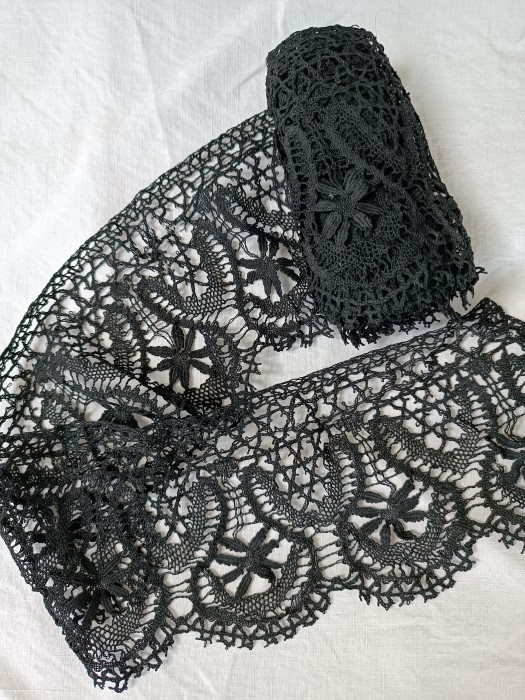French Brocante - For Sale - 1900's black lace trimDescription: <p>Early 1900's crochet lace trim in good condition</p>

<p>Two lengths, one 170cm, the other 70cm, 10cm wide</p>

<p> </p>

<p> </p>
