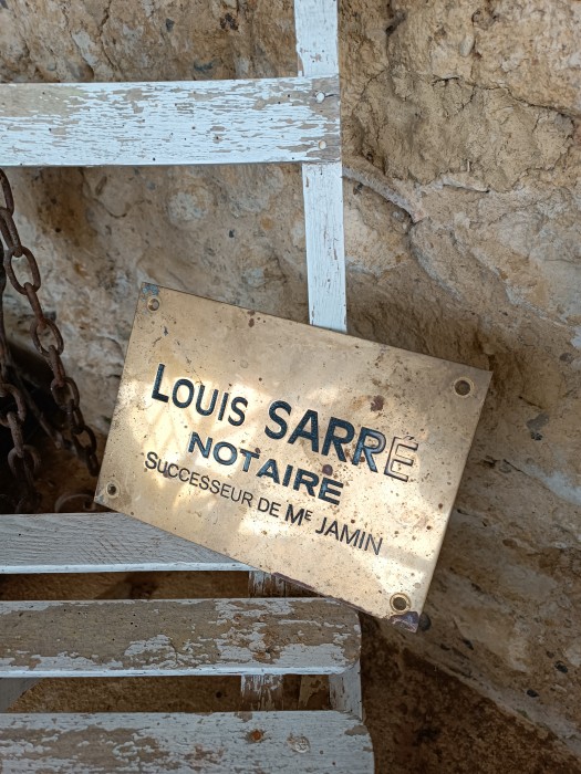 French Brocante - For Sale - Vintage Notaire's brass name plaqueDescription: <p>Original brass name plaque for Louis Sarré, Notaire</p>

<p>The engraved lettering is highlighted in black paint, some missing from the é</p>

<p>A good decorative piece with a French flavour</p>

<p>Measures 25cm by 17cm </p>
