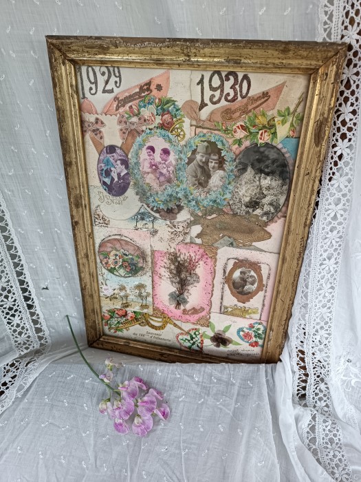 French Brocante - For Sale - Framed Collection of Romantic and Souvenir Cards aDescription: <p>A lovely confection of greeting cards, scrapbooking and memorabilia, someones pride and joy and no doubt full of memories, all framed in it's original gilt gesso wooden frame</p>

<p>Some of the pieces have become a bit distressed, one of the photos has degraded and pieces have faded somewhat but that's all part of it's charm</p>

<p>Measures 45cm by 30cm</p>
