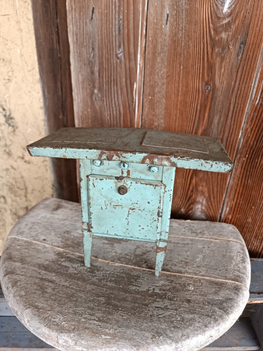French Brocante - For Sale - Vintage Child's Toy Stove, Painted Metal Description: <p>It's the colour that makes this so adorable, love that French blue on anything but so wonderful on this little toy stove</p>

<p>Perfect chippy look for a shabby chic display</p>

<p>Note the door tends to drop slightly so will need some adjustment</p>

<p>16cm high</p>
