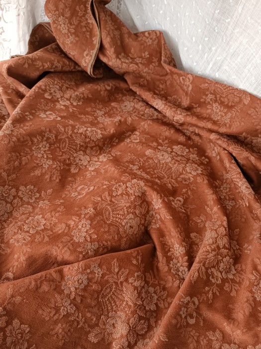 French Brocante - For Sale - Antique Cotton Weave Panel with Flower Basket PattDescription: <p> </p>

<p>From a large portiere curtain there are two panels of this soft drape jaquard weave textile with lovely flower basket and bow motifs in muted russet tones</p>

<p>Each panel measures 94"/240cm long by 48"/122cm wide, with a 6"/15cm border at the bottom of each</p>

<p>Laundered and ready to use</p>

<p>First photograph is the most accurate depiction of colour</p>
