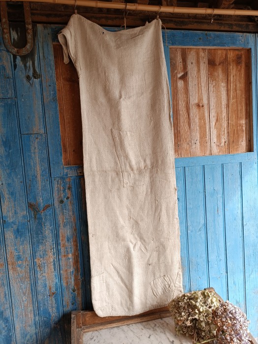 French Brocante - For Sale - Distressed 19th Century Hemp Grain or Flour SackDescription: <p>Love a humble textile like this, its long history of use showing in every patch, and darn, and there are a great many on this hemp sack</p>

<p>A survivor from an age when nothing was to go to waste</p>

