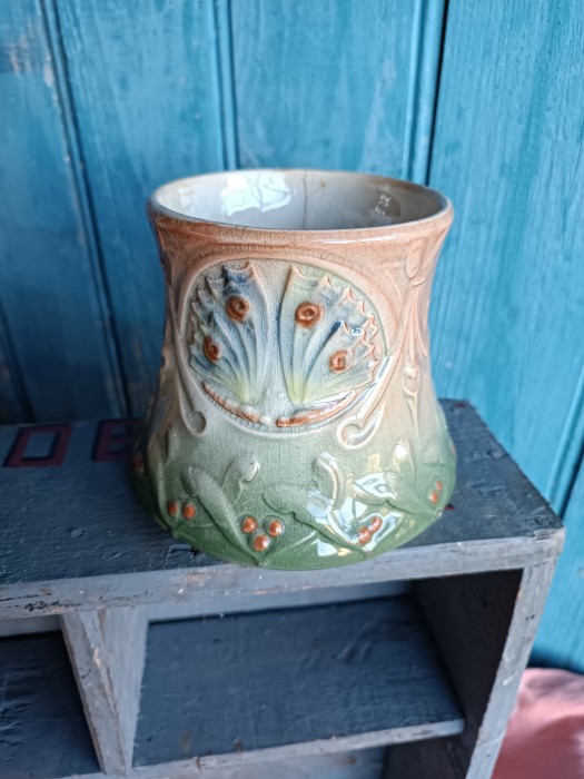 French Brocante - For Sale - French Art Nouveau Era Pot with ButterfliesDescription: <p>Pretty 1900's 4" high waisted pot with relief design of a pair of butterflies on each side</p>

<p>Some signs of use with two noticeable hairline cracks</p>

