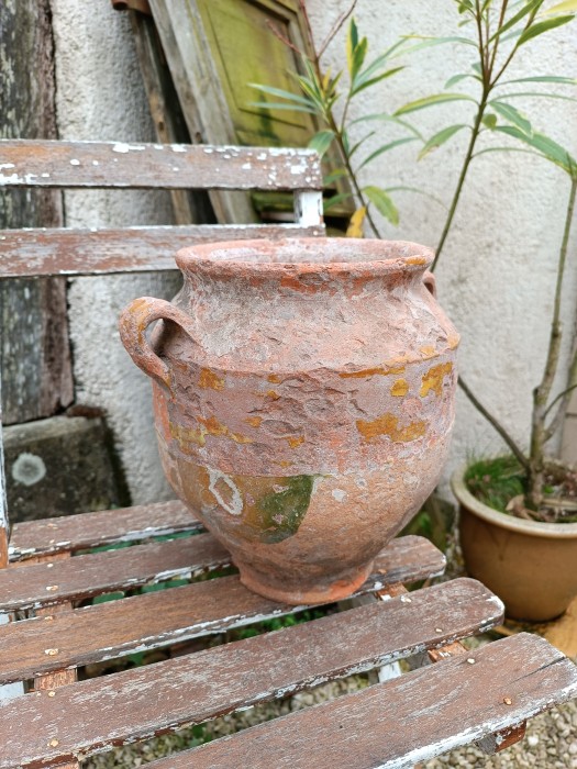 French Brocante - For Sale - Wrecked Antique 19th Century Pot au Graisse ConfitDescription: <p>Exactly how I like to see a confit pot, looking like it has been dug up out of an archaeological dig, there's just enough glaze hanging on to the worn away terracotta to give it a beautiful patina, including a rare splash of green</p>

<p>10"/26cm high  </p>
