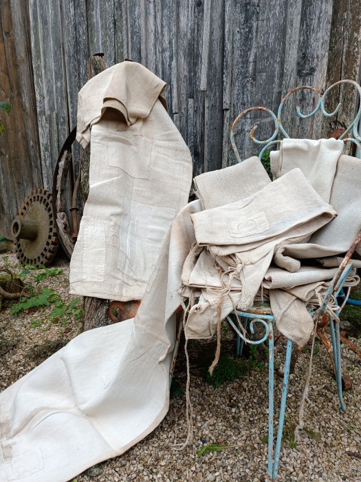 French Brocante - For Sale - 19th Homespun Hemp Grain SacksDescription: <p>Beautiful rustic weave hemp sacks, some with multiple repairs, all well worn</p>

<p>Here's a selection, I can send you specific details after you have reserved one</p>
