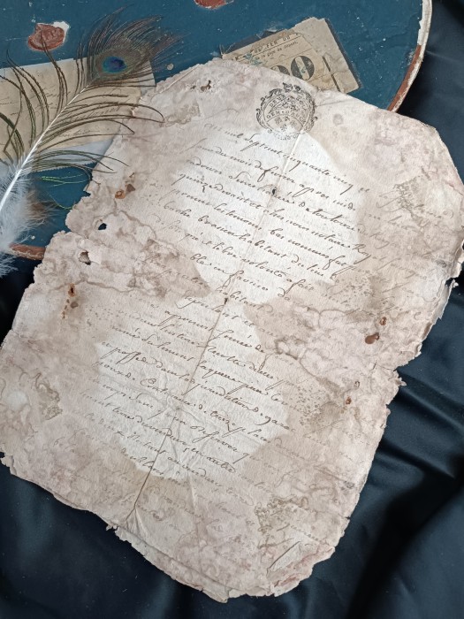 French Brocante - For Sale - Original Hand Written 18th Century Legal Document Description: <p>Faded and with extreme tea staining, this one has script on 3 sides, too faint to make out content</p>
