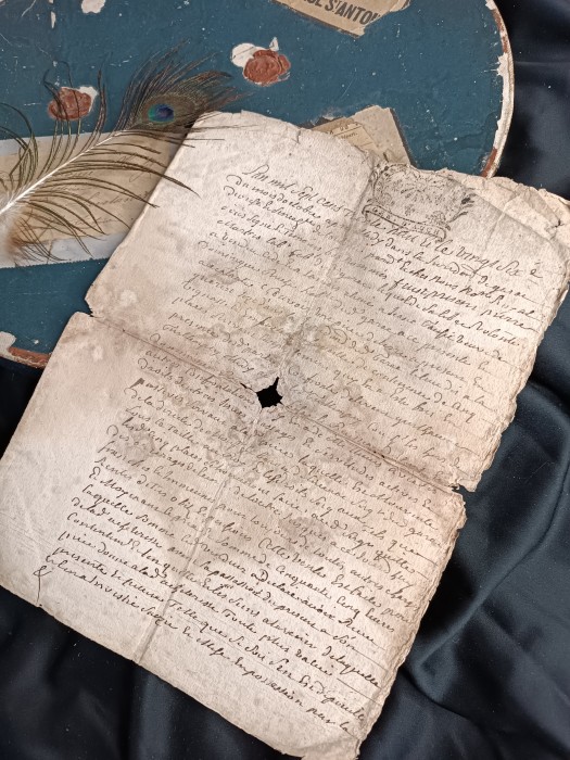 French Brocante - For Sale - Original Hand Written 18th Century Legal Document Description: <p>This one has script on two sides and a title on the back, purchase document</p>

<p>Quite a bit of damp staining</p>
