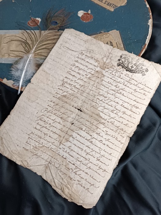 French Brocante - For Sale - Original Hand Written 18th Century Legal Document Description: <p>This one has script on all four sides</p>

<p>some breaks in the parchment on the second page</p>
