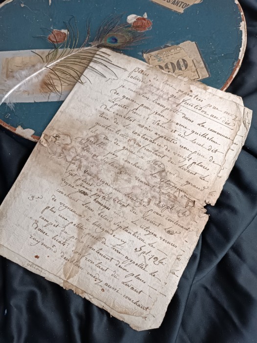 French Brocante - For Sale - Original Hand Written early 19th Century Legal DocDescription: <p>A four page document with script on all sides, appears to be a land purchase document, an dix of the revolution, I think 1802, lovely that it gives the month as Fructidor, when all the fruits ripen, France changed the names of all the months after the revolution</p>

<p>This one is quite distressed with holes and damp damage</p>

<p> </p>
