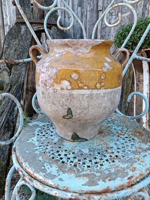 French Brocante - For Sale - 19th Century Rustic Yellow Glaze Confit PotDescription: <p>Lovely worn example of the iconic SW France confit pot for preserving duck</p>

<p>This one has the classic yellow glaze with two small dabs of green on one side, timeworn by years and years of use just how they should be</p>

<p>10" high</p>

<p>The photos are showing it in straight from the Brocante condition, it needs a good scrub but the patina shows you it's age and authenticity </p>

<p> </p>
