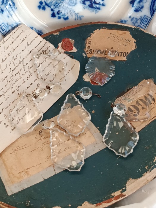 French Brocante - For Sale - Antique Small Crystal Drops from a Chandelier Description: <p>Flat backed crystal pampilles from an antique chandelier with faceted sides, great for mounting with old papers to make decorative hanging decorations </p>

<p>6cm long, some are slightly different shapes so you may get a mix if ordering several </p>
