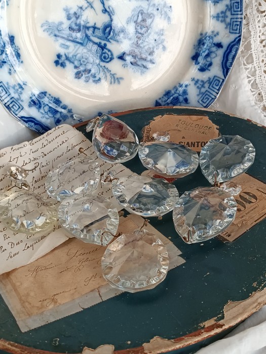French Brocante - For Sale - Antique Crystal Drops from a Chandelier Description: <p>Chunky faceted lead crystal glass drops from an antique chandelier, great for adding a little sparkle to your decor</p>

<p>7cm long, most have the original wire still attached </p>
