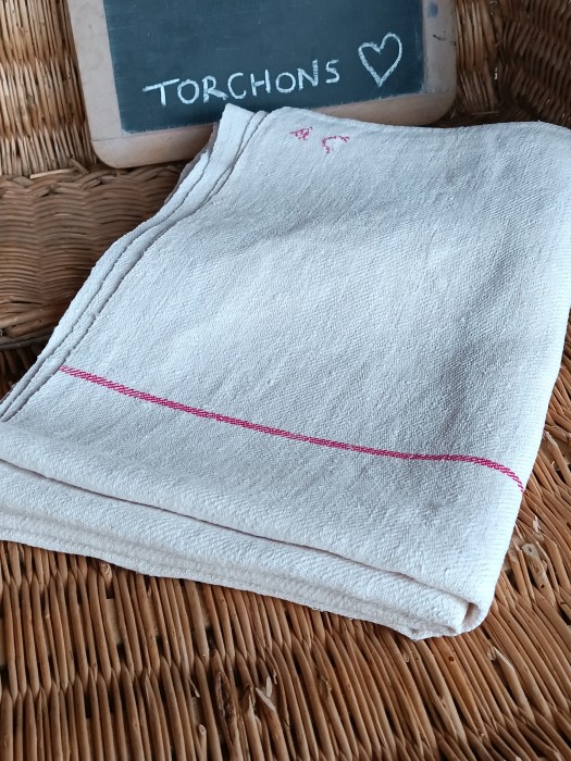 French Brocante - For Sale - Large Hemp Linen Torchon ClothDescription: <p>Superb quality large antique hemp linen cloth with a lovely woven diagonal stripe at each end and hand embroidered AC initials, this is large enough to have been used a a small table cloth, or it may have been a vendage (harvest time) cloth</p>

<p>Clean and in excellent condition</p>

<p>Measures 144cm by 91cm</p>
