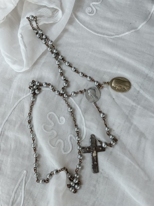French Brocante - For Sale - Unusual Metal Bead Rosary, Madonna MedalDescription: <p>This rosary has a metal and white metal ball chain with metal crucifix, and two religious medals attached, both the medals feature Mary, one of which is a Lourdes souvenir</p>
