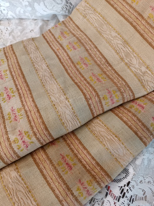 French Brocante - For Sale - 1 Meter Antique Woven Cotton Linen Blend FabricDescription: <p>Classic antique French fabric weave of a style I see many variations of, with the alternating pattern stripes with woven flowers in between, this one is particularly beautiful as the weave is multicoloured and the pink flowers are so subtle</p>

<p>Appears to be a blend of raw linen and cotton, giving it a great texture</p>

<p>This is used, but in good vintage condition, it dates from the turn of the century, I haven't laundered this one as there are no obvious marks </p>

<p>130cm wide</p>

<p>Price is for 1 meter, there are 3 meters available cut to order *2m sold, 1m available*</p>
