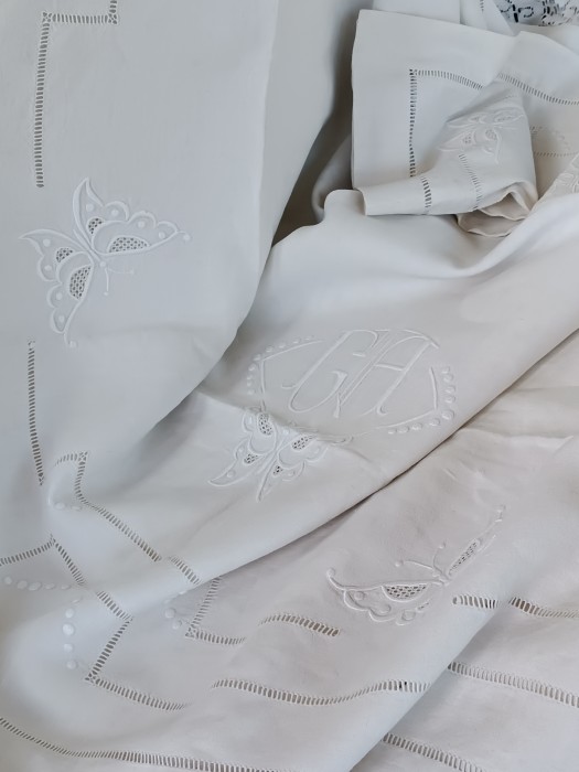 French Brocante - For Sale - Antique French Heirloom Linen Sheet & Pillow ShamDescription: <p>Charming embroidered French heirloom linen sheet with matching pillow sham, I've not come across one with a matching pillow cover before. Dating from the late 1910's/1920's, the hem of the sheet is beautifully decorated with butterflies, pulled thread work and a GA monogram</p>

<p>These had been professionally laundered and then wrapped and put away before emerging from the armoire, they will need a wash before use but their condition is very good</p>

<p>Sheet measurements 280cm by 210cm</p>

<p>Pillow sham 73cm by 70cm</p>

<p>I can send a video to show the decorative details if you DM me on Instagram</p>
