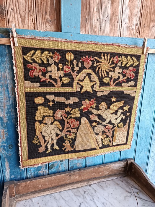 French Brocante - For Sale - 19thc Needlepoint Devotional PanelDescription: <p>Taken from a prayer bench this large religious tapestry has amazing detail and symbolism</p>

<p>It is worked in a mix of wool and glazed cotton entirely by hand and with great skill</p>

<p>Amazingly for the age it is in perfect condition, no loss of thread anywhere, the colours are still strong and there are no marks or stains, maybe a little dust which I gently vacuumed away</p>

<p>As it was mounted on the wooden frame the tack marks are visible on the outer edge</p>

<p>25" by 23", 63cm by 58cm</p>
