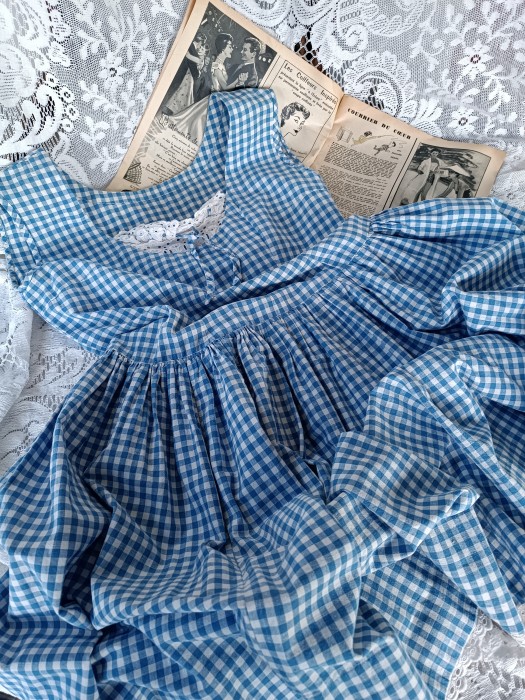 French Brocante - For Sale - True Vintage Gingham dressDescription: <p>Cute 1950's/60's summer dress in classic blue and white gingham with broderie anglaise trim, fastens with press studs at one side</p>

<p>chest 32" waist 30" length 35"</p>
