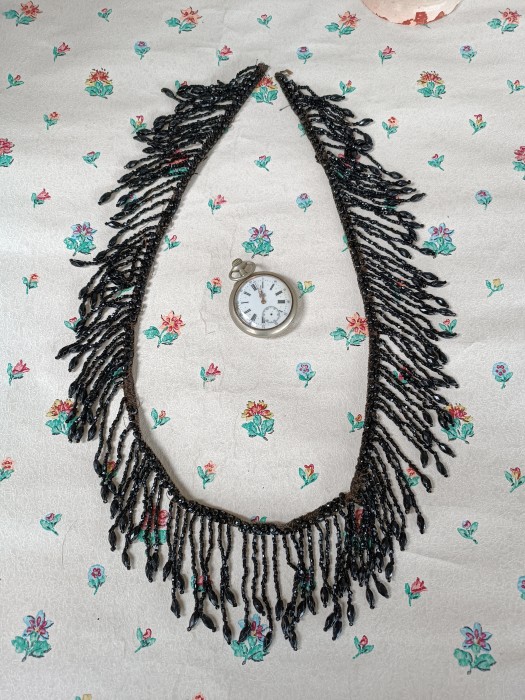 French Brocante - For Sale - 80cm of Jet Beaded Fringe, #2Description: <p>Length of long late 1800's French jet beaded fringe measuring 80cm long by 8cm made up of seed beads and longer faceted beads, good weight so it moves nicely, a couple of strands lost but it still looks the part</p>

<p> </p>

<p> </p>
