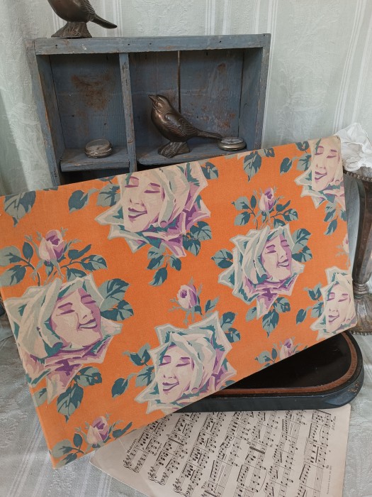 French Brocante - For Sale - Vintage Fabric Covered Boudoir Box Description: <p>A very large vintage fabric box, it has the remains of a label on the base could be Au Louvre, paper lined, clean but has a small tear in the top, 49cm by 31cm by 10cm</p>

<p>&nbsp;</p>

<p>&nbsp;</p>
