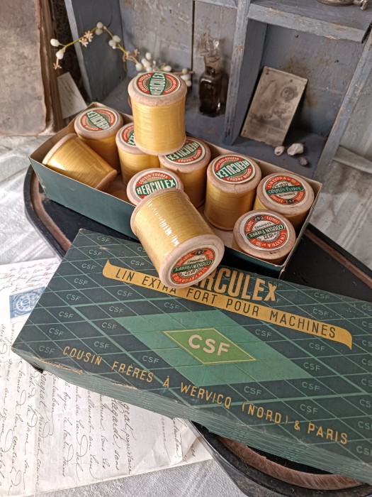 French Brocante - For Sale - Cousin Fréres Linen Thread Description: <p>An untouched pack of heavy duty Cousin Fr&eacute;res linen thread from the turn of the century, wooden bobbins still with the wrappers intact and the original box, in great usable condition, there are 12 in the box, the colour is golden egg yolk yellow&nbsp;</p>

<p>&euro;5 per bobbin,&nbsp;6 still available</p>
