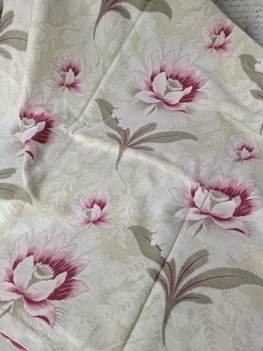 French Brocante - For Sale - Art Nouveau Cotton Print Panel Description: <p>A beautiful Art Nouveau era soft weave printed cotton, circa 1905, with big blousy exotic pink blooms over a palest green background of sinuous foliage, reclaimed from some huge bed drapes it has&nbsp;been laundered and the condition is very good</p>

<p>Measures 260cm by a loom width of 77cm, 102" by 30"</p>
