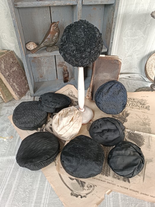 French Brocante - For Sale - c1900 Silk Coiffe Hair Bun CoversDescription: <p>I have a selection of these unusual silk discs used to keep a hair bun tidy, in Victorian and Edwardian costume a woman's hair would always be worn up and these helped keep everything in place.</p>

<p>They look a little like a doll's hat....and no doubt could be adapted as such.....such a variety of textiles used, silk brocade, moir&eacute; silks, pleated silk chiffon, jet bead, lined with millinery net and wired around the rim, one still has a pin in place as if she has only just taken it off.</p>

<p>All are in perfect clean condition. A group framed together might make an interesting textile artwork.</p>

<p>Price is for one, let me know your choice when you reserve or message me to claim them</p>

<p>A & G are SOLD</p>
