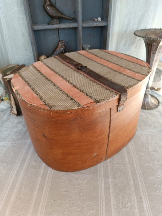 French Brocante - For Sale - Stunning Antique Bentwood Hatbox Description: <p>Super period storage for your petit chateau, antique bentwood hatbox, the antique wall paper on the top appears to be an original addition from the wear not a recent repair, normally they are black finish on top, there's a fragment of a travel label,</p>

<p>It may have had a later varnish but again not recent, the classic green paper lining is all original as well, and the leather strap has survived which is rare, condition is reasonable, there's a fine crack on one side but it doesn't detract or compromise,</p>

<p>&nbsp;</p>

