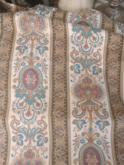 French Brocante - For Sale - 19th Century Cotton Print Panel Description: <p>Lots of this 19th century cotton print which to my eye epitomises French chateau decor, it was huge bed drapes, now gently faded, each panel is 244cm by 80cm, 96" by 32", a couple of them have a small panel at one end making up the length, that varies 10-14cm, laundered and in good condition</p>

<p>5 panels available</p>
