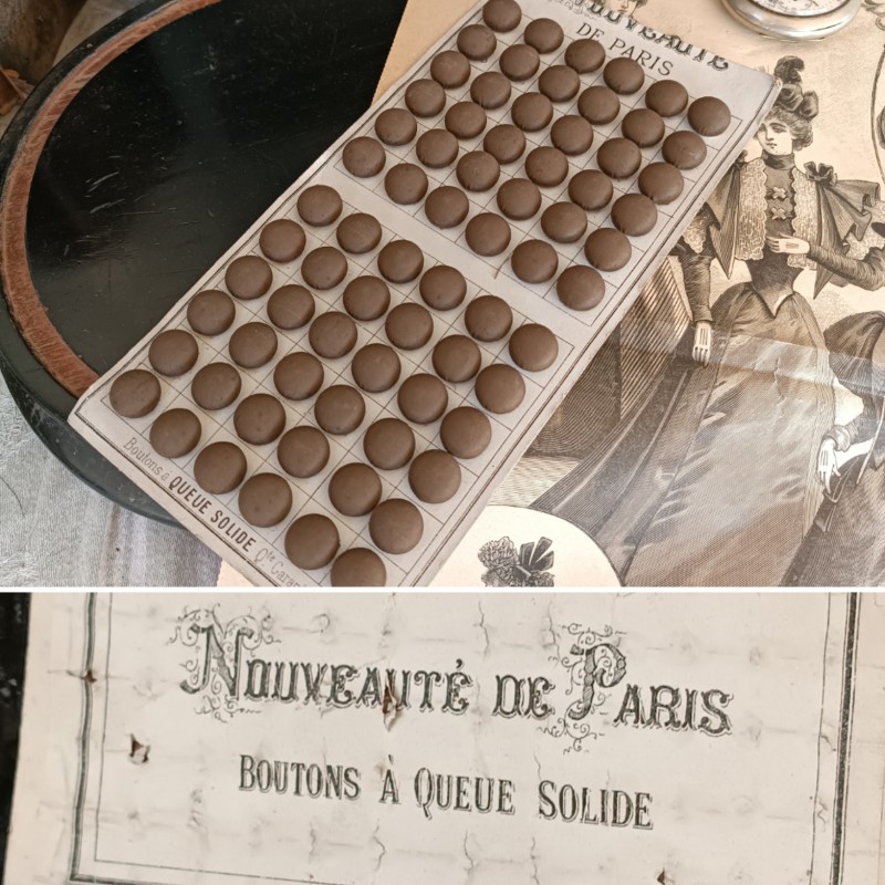 French Brocante - For Sale - Antique Silk Wrapped Buttons Description: <p>One complete card of these beauties available, milk chocolate silk over metal buttons on shanks, they feel really heavy and apart from having to brush off decades of dust they are in good condition, unfortunately part of the card graphics is lost, however the paper label is intact&nbsp;on the back, genuine antique silk buttons like these are a rare find</p>

<p>&nbsp;</p>

