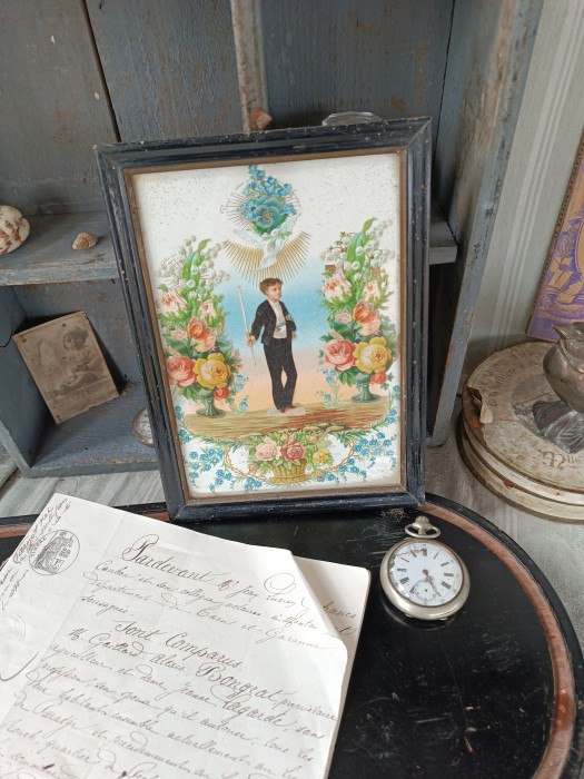 French Brocante - For Sale - Framed First Communion Souvenir CardDescription: <p>19th century framed communion souvenir, I presume a card however it is firmly sealed in its Napoleon III black and gold frame so I don't want to disturb it, it has the look of Victorian die cuts with the design glossy and embossed</p>

<p>&nbsp;</p>
