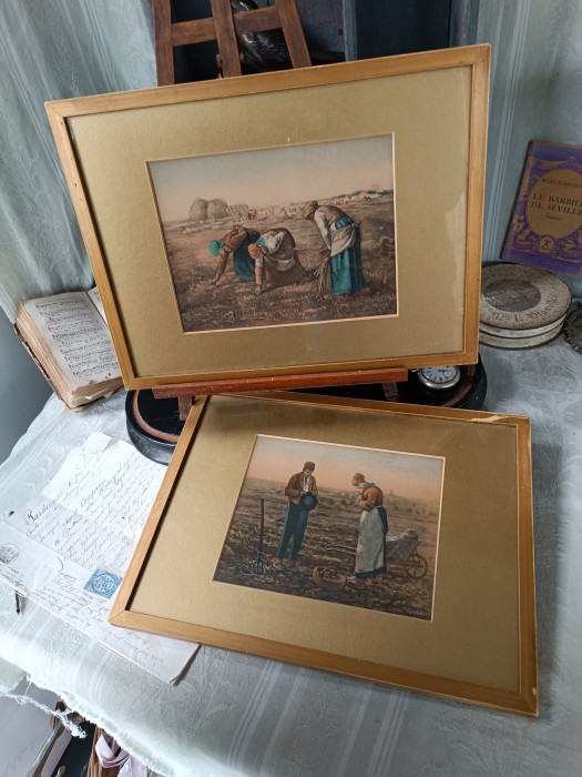 French Brocante - For Sale - Duo of Classic French Prints Description: <p>Two iconic vintage prints of&nbsp; The Gleaners" (Les Glaneuses) by Jean-Fran&ccedil;ois Millet, originally completed in 1857 and The Angelus, very well mounted in gold card with matching gold frames, they have hardwood backs, in great condition</p>

<p>&nbsp;</p>

<p>Willing to sell separately if you want&nbsp;</p>

