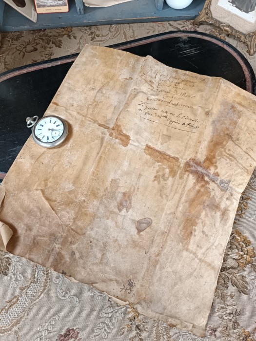 French Brocante - For Sale - 16th Century Vellum Manuscript Description: <p>This magnificent manuscript in faded sepia hand written script on vellum is dated 1597, as my Latin is rusty I can't tell you much about it except at a later date someone has added a note re a codicil but what a thrill to handle something 429 years old, laid out as flat as I dare it measures 24" by 18"</p>

<p>&nbsp;</p>
