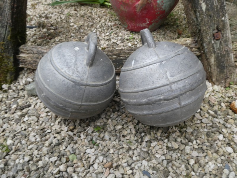French Brocante - For Sale - Pair of Vintage Spanish Zinc Fishing FloatsDescription: <p>Garden Brocante, position this pair vintage of zinc floats as accents amongst a collection of pails and watering cans of zinc planted with greenery for a fresh  and modern rustic garden display</p>

<p>Both are marked along with a charming lighthouse logo</p>

<p>Approximate height 20cm, weight together 2.8kg </p>
