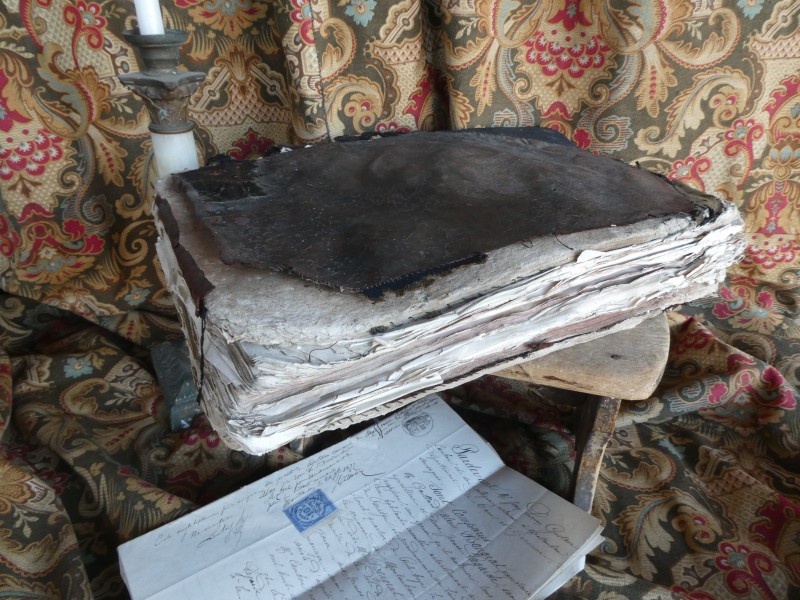 French Brocante - For Sale - Huge Messy Leather Bound Book for Props Description: <p>Fabulous antiquarian book for props, looks like a book of spells from a horror movie, messy, tatty, amazing frothy pages, perfectly distressed for supporting favourite antique treasures</p>

<p>It is a religious tome, can't find a date but suspect 17th or early18th century, we have another found at the same time which has a date of 1656</p>

<p>Measures 42cm by 27cm and is 9cm thick. It weighs 4.4kg which you will need to take into account for shipping but if you are combining with other items it will still be practical to ship </p>

<p> </p>
