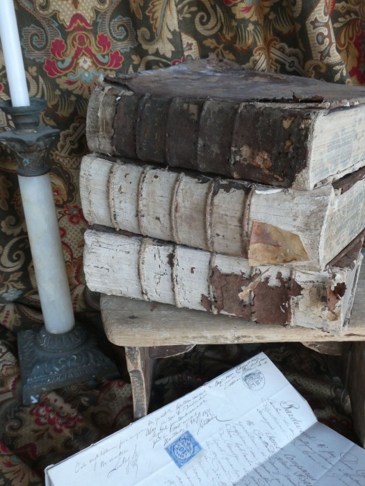 French Brocante - For Sale - Stack of Three Antiquarian Books or PropsDescription: <p>Superb group of three antiquarian book beautifully decayed ideal for props, messy, tatty, amazing frothy pages, perfectly distressed for supporting favourite antique treasures</p>

<p>They are three volumes of Encylopedia of Sciences, Arts and Trades dated 1776 </p>

<p>Each one measures 27cm by 20cm and 7cm thick. Total weight is 6kg which you will need to take into account for shipping but if you are combining with other items it will still be practical to ship </p>
