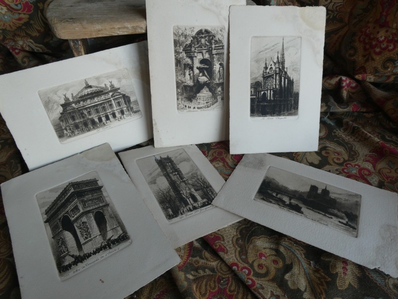 French Brocante - For Sale - One Moody Etching of Paris Scenes, 1 sold 5 leftDescription: <p>Six high quality Etchings on parchment paper, all marked CH. PINET, no date, however from the style and feel I believe late 19thc</p>

<p>*Notre Dame SOLD</p>

<p>All have slight damp damage but it is confined to the outer edges and hasn't compromised the etchings and with framing it could be concealed</p>

<p>Size of three 22cm by 14cm and fourth slightly smaller 18cm by 12cm</p>
