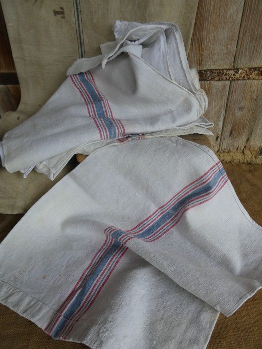 French Brocante - For Sale - Vintage Linen Ham Drying SacksDescription: <p>Salvaged from the home of a charcutiere (pork butcher) I have 8 of these lovely old pure French linen sacks with traditional red and blue stripes used for curing a traditional jambom cru</p>

<p>They are slightly smaller than the more usual laundry sacks, 70cm by 46cm making them ideal for cushion or pillow slips</p>

<p>They have had a lot of use, some have delightful old patching, darns and on many there has been fading to the stripes giving a lived in timeworn vibe</p>

<p>I have laundered them but some fine tuning is needed</p>
